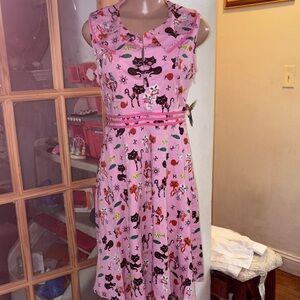 Lindy Bop Pink Dress with Cat Print SIZE 10
